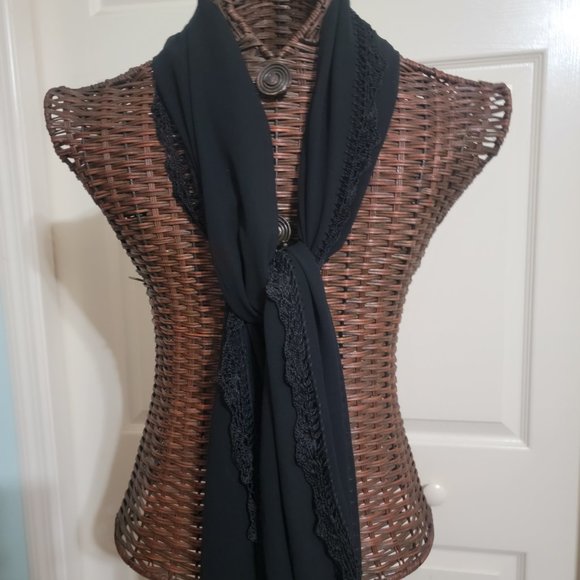 Large Black Shear Dress Scarf with Crotched Edges and Fringe - Picture 7 of 13